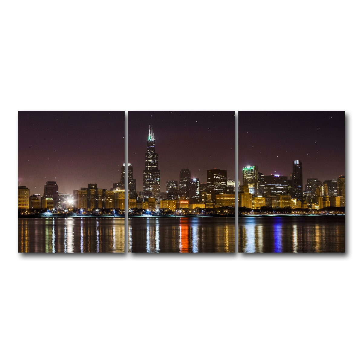 AUTO-MOCKUP WHITE | Chicago Skyline at Night | 3 Piece | Gallery Wrap Canvas | group=18x24