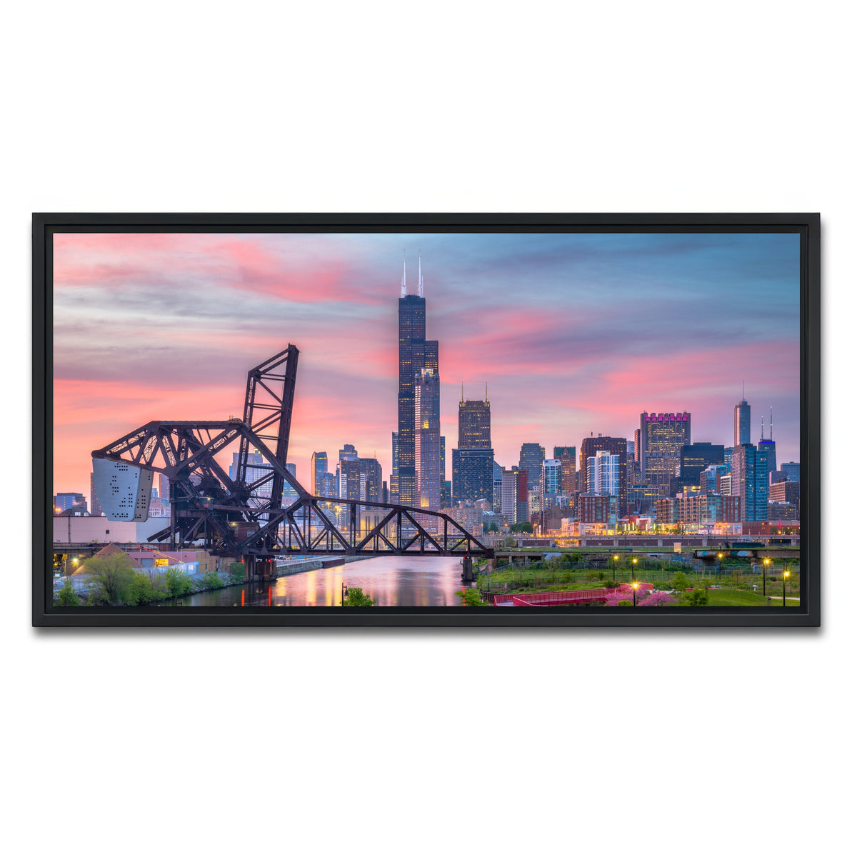 AUTO-MOCKUP WHITE | Chicago Skyline at Twilight | 1 Piece | Black Framed Canvas | group=2x1