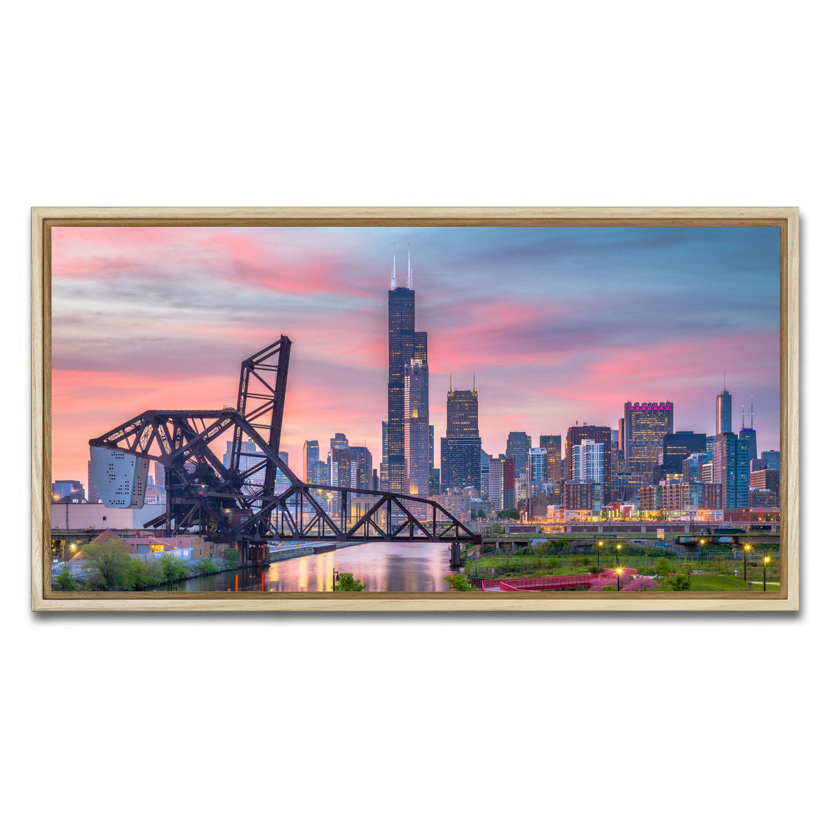 AUTO-MOCKUP WHITE | Chicago Skyline at Twilight | 1 Piece | Natural Framed Canvas | group=2x1