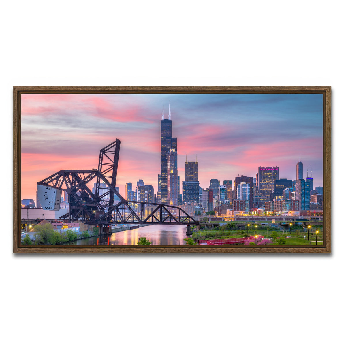 AUTO-MOCKUP WHITE | Chicago Skyline at Twilight | 1 Piece | Walnut Framed Canvas | group=2x1