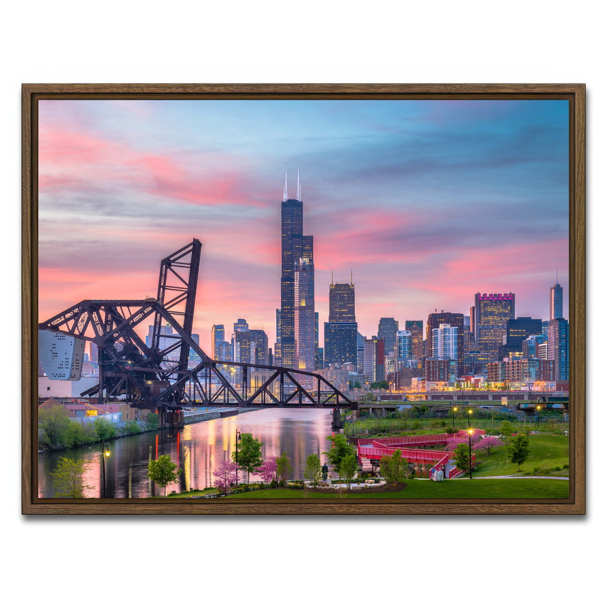 AUTO-MOCKUP WHITE | Chicago Skyline at Twilight | 1 Piece | Walnut Framed Canvas | group=4x3