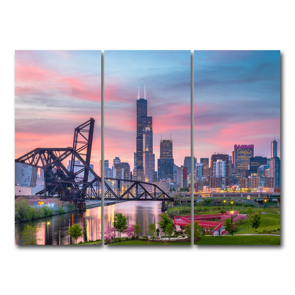 AUTO-MOCKUP WHITE | Chicago Skyline at Twilight | 3 Piece | Gallery Wrap Canvas | group=8x18