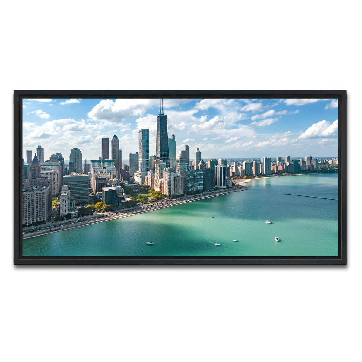 AUTO-MOCKUP WHITE | Chicago skyline aerial | 1 Piece | Black Framed Canvas | group=2x1