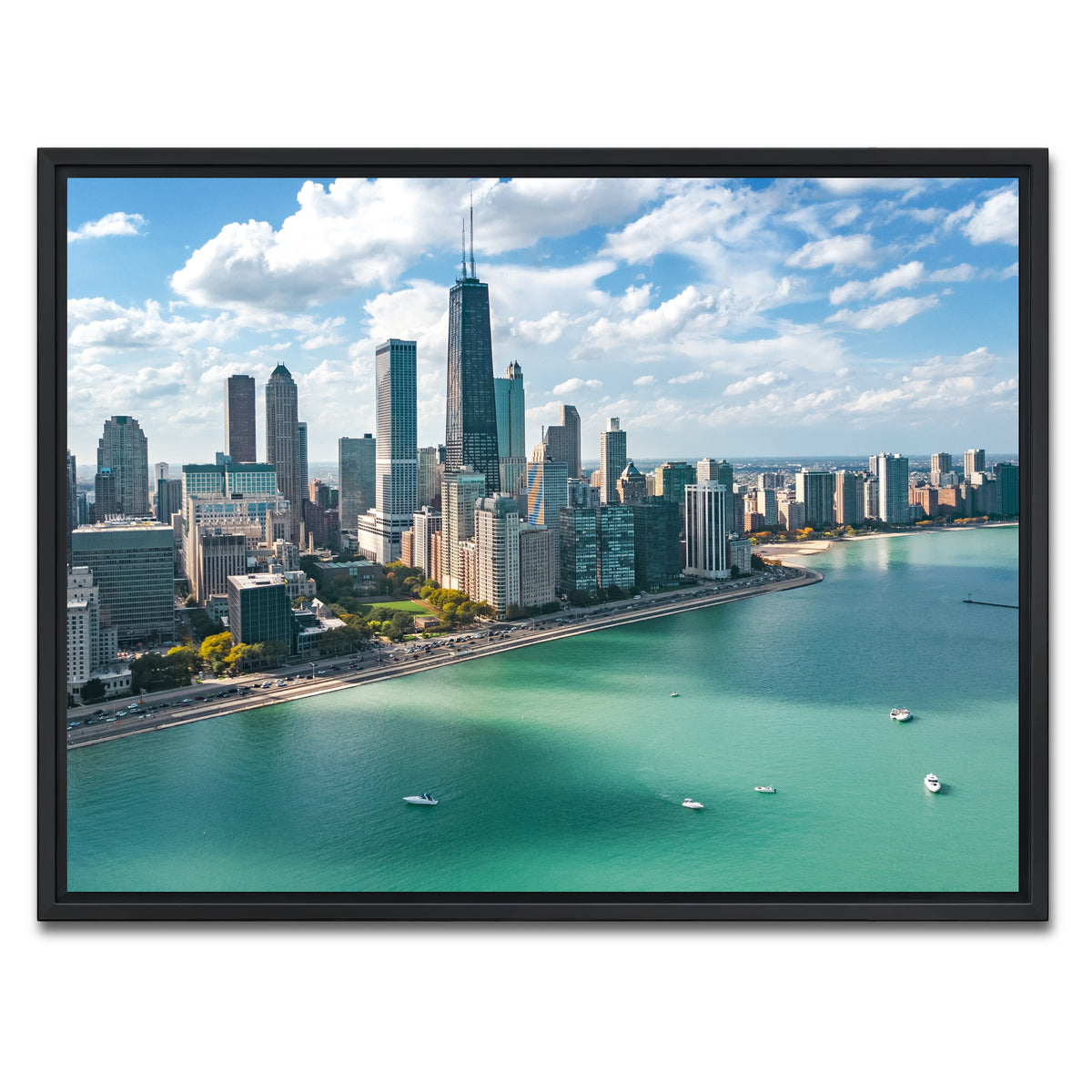 AUTO-MOCKUP WHITE | Chicago skyline aerial | 1 Piece | Black Framed Canvas | group=4x3
