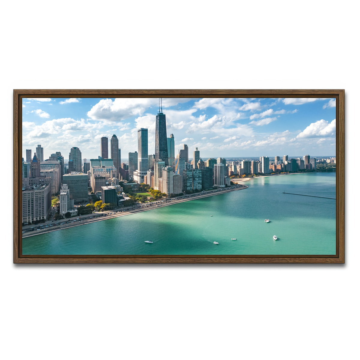 AUTO-MOCKUP WHITE | Chicago skyline aerial | 1 Piece | Walnut Framed Canvas | group=2x1