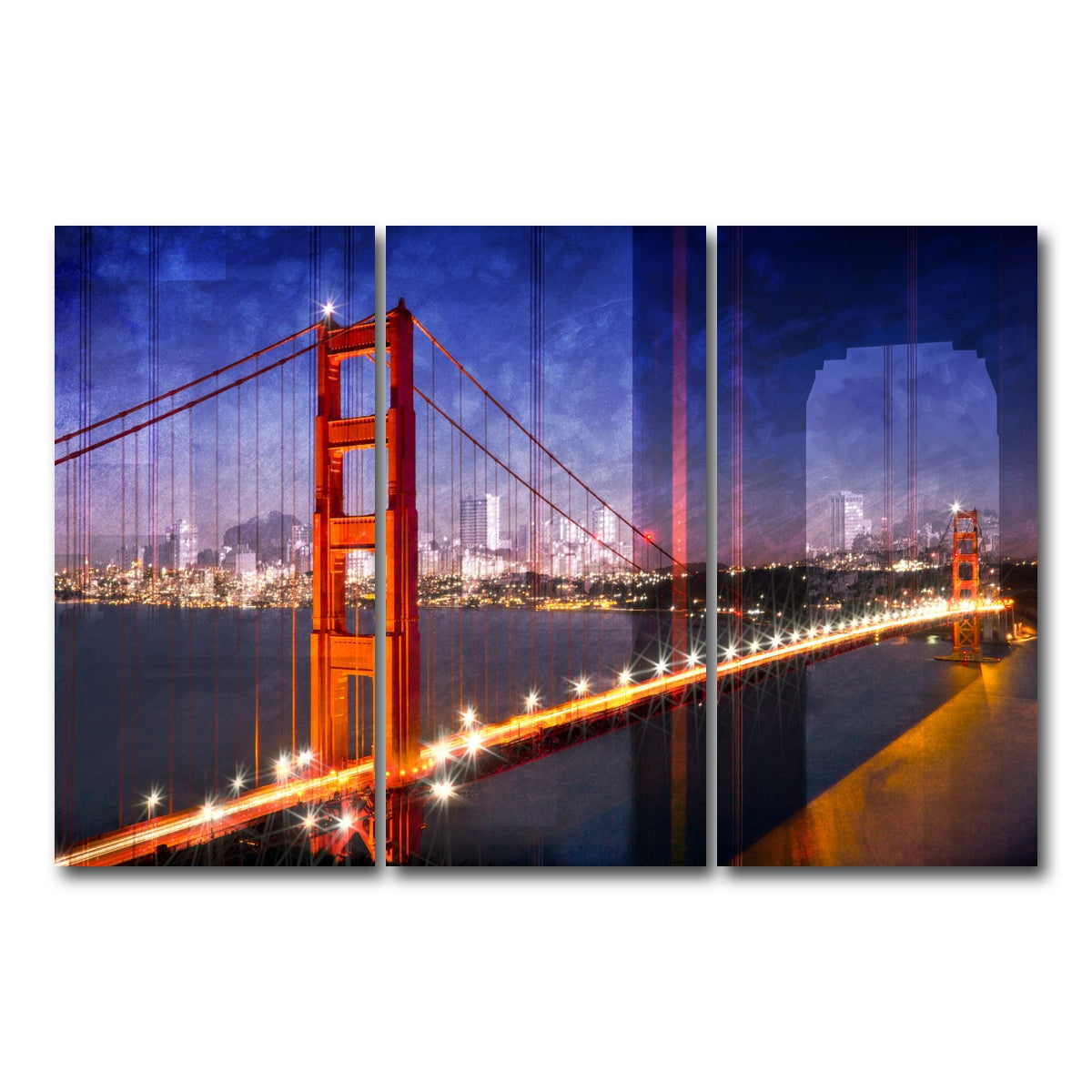 AUTO-MOCKUP WHITE | City Art Golden Gate Bridge Composing | 3 Piece | Gallery Wrap Canvas | group=12x24