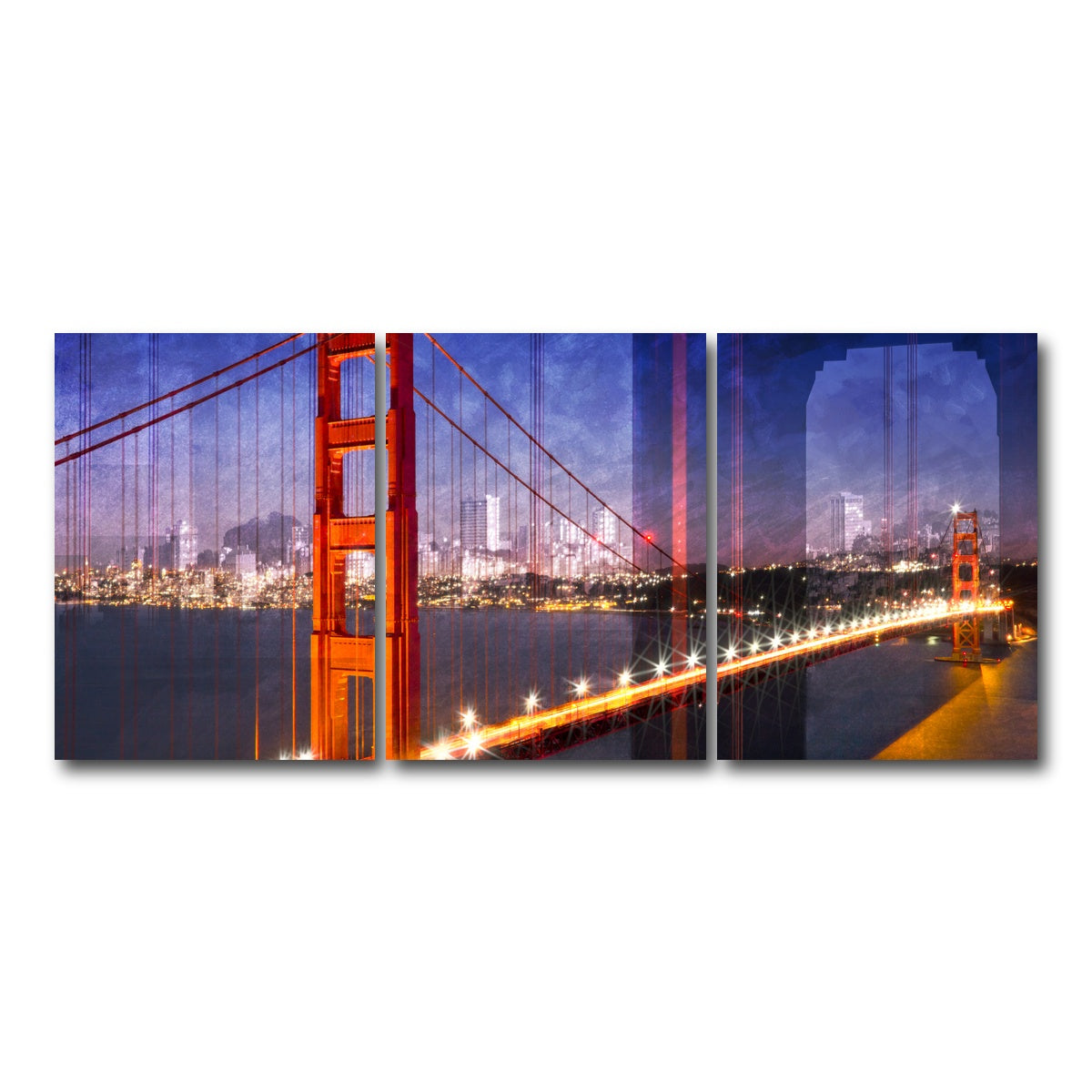 AUTO-MOCKUP WHITE | City Art Golden Gate Bridge Composing | 3 Piece | Gallery Wrap Canvas | group=18x24