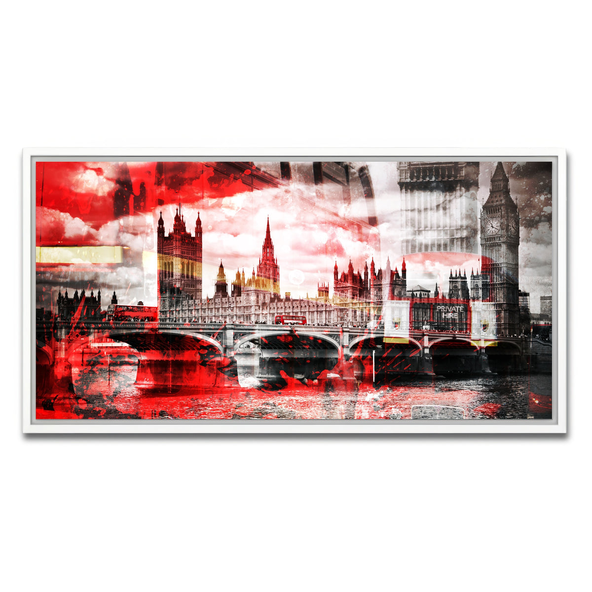 AUTO-MOCKUP WHITE | City Art LONDON Red Bus Composing | 1 Piece | White Framed Canvas | group=2x1