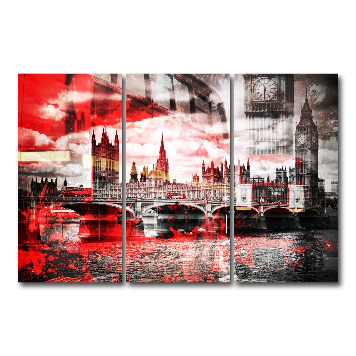AUTO-MOCKUP WHITE | City Art LONDON Red Bus Composing | 3 Piece | Gallery Wrap Canvas | group=12x24