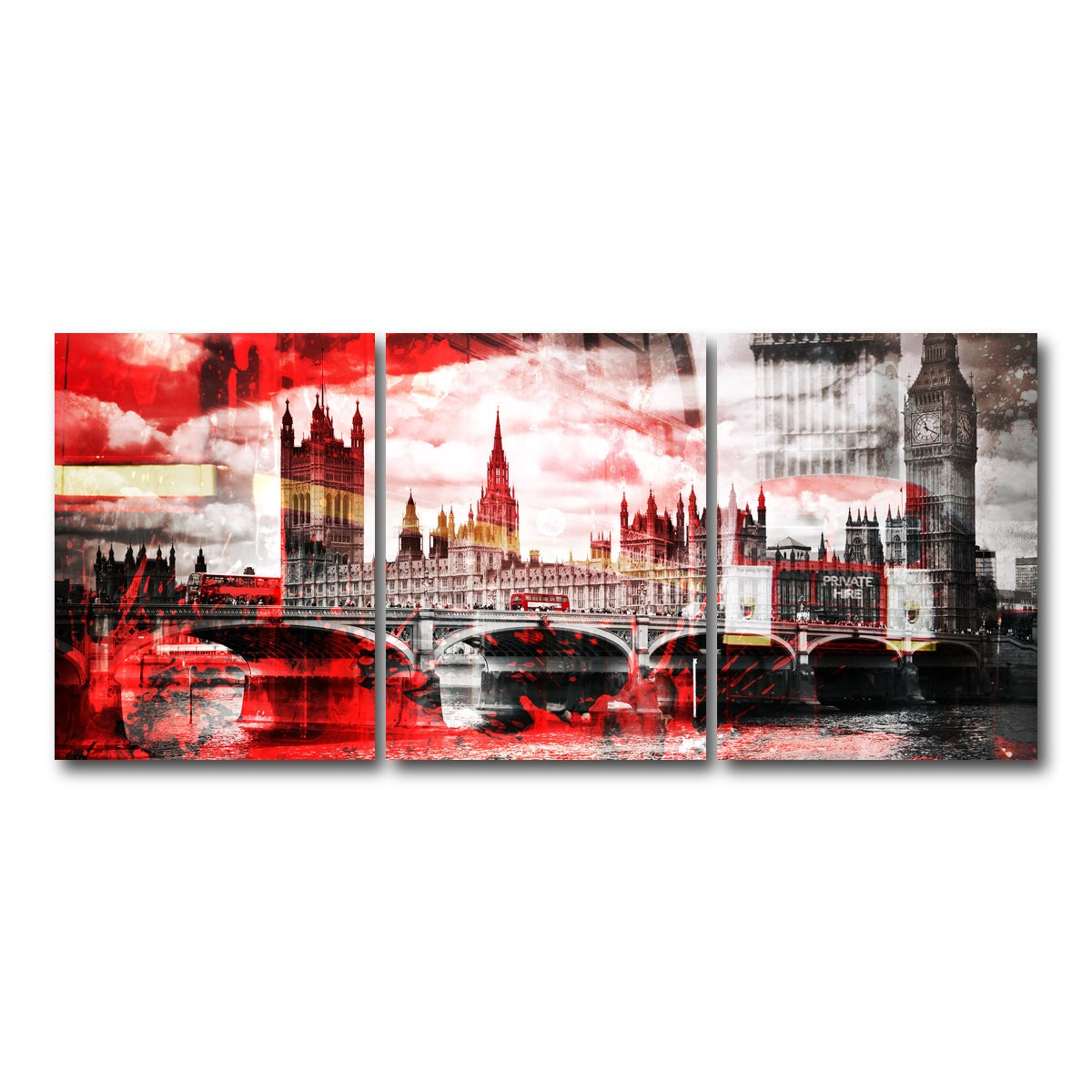 AUTO-MOCKUP WHITE | City Art LONDON Red Bus Composing | 3 Piece | Gallery Wrap Canvas | group=18x24