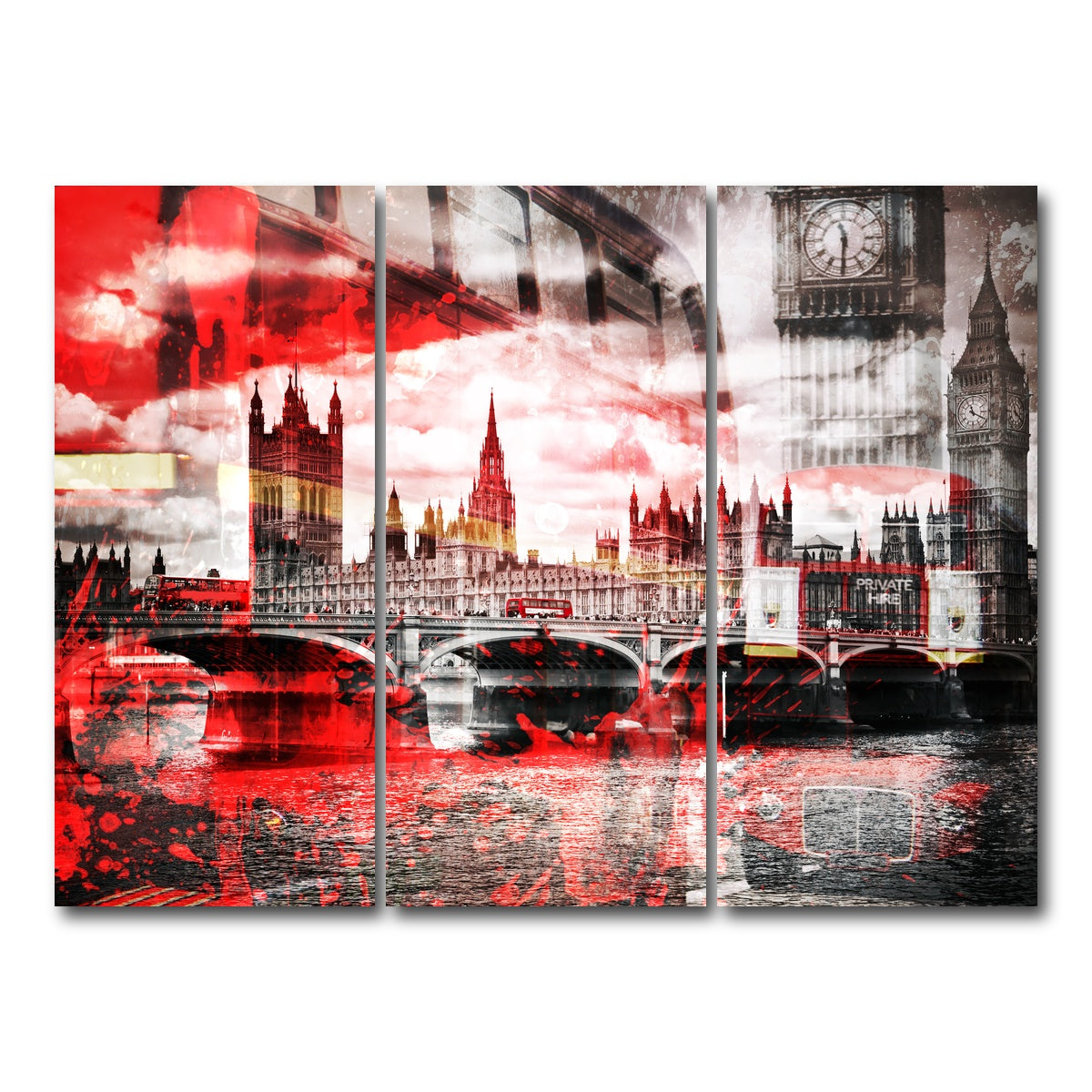 AUTO-MOCKUP WHITE | City Art LONDON Red Bus Composing | 3 Piece | Gallery Wrap Canvas | group=8x18