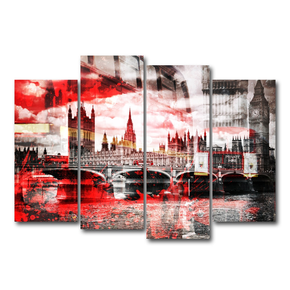 AUTO-MOCKUP WHITE | City Art LONDON Red Bus Composing | 4 Piece | Gallery Wrap Canvas | group=4_normal
