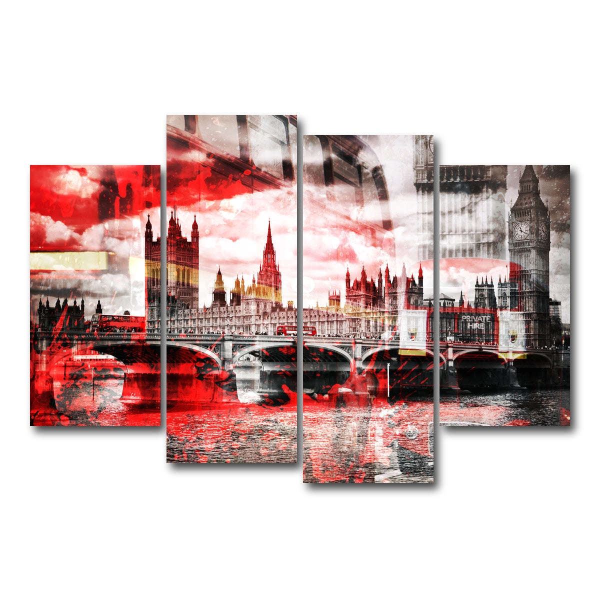 AUTO-MOCKUP WHITE | City Art LONDON Red Bus Composing | 4 Piece | Gallery Wrap Canvas | group=4_short