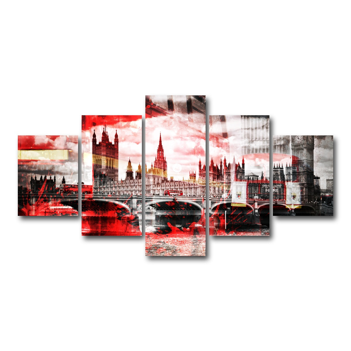 AUTO-MOCKUP WHITE | City Art LONDON Red Bus Composing | 5 Piece | Gallery Wrap Canvas | group=5_short
