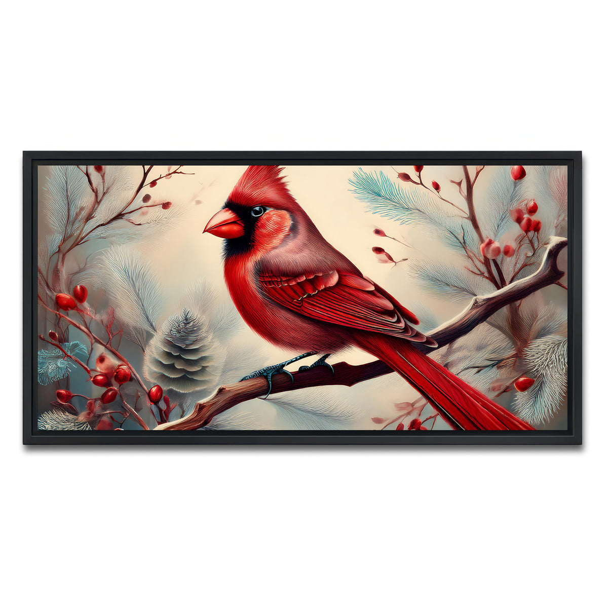 AUTO-MOCKUP WHITE | Classic Northern Cardinal on Branch | 1 Piece | Black Framed Canvas | group=2x1