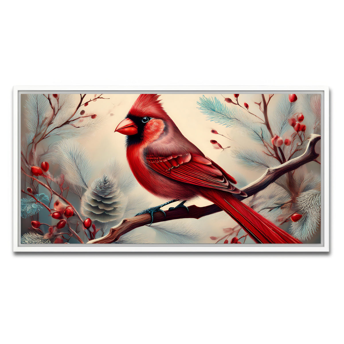 AUTO-MOCKUP WHITE | Classic Northern Cardinal on Branch | 1 Piece | White Framed Canvas | group=2x1