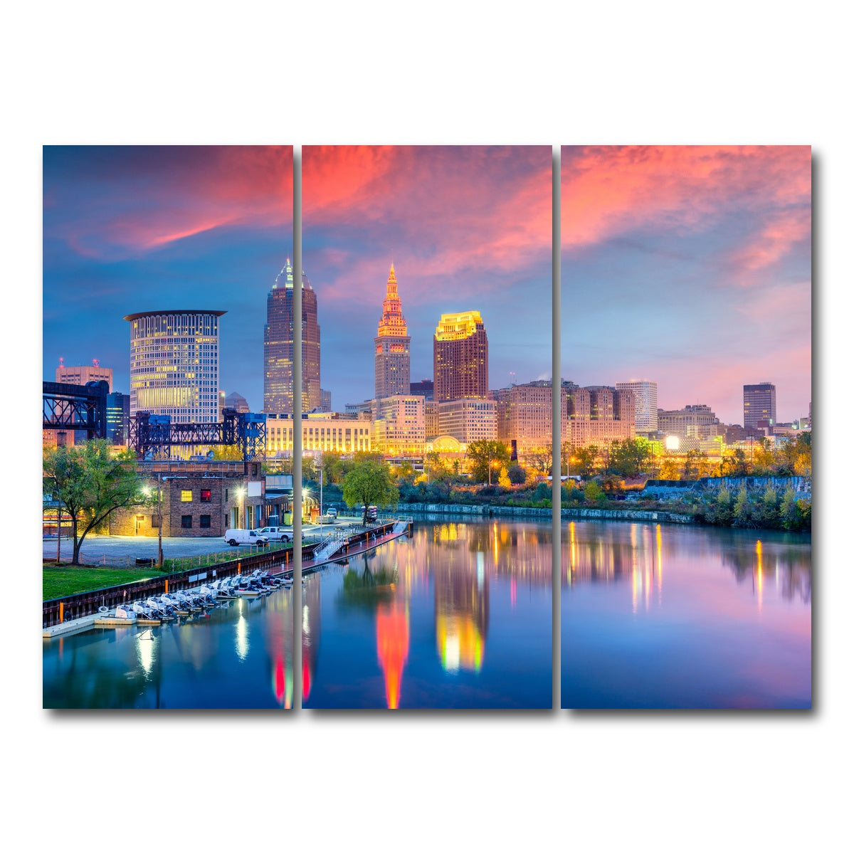 AUTO-MOCKUP WHITE | Cleveland Skyline | 3 Piece | Gallery Wrap Canvas | group=8x18