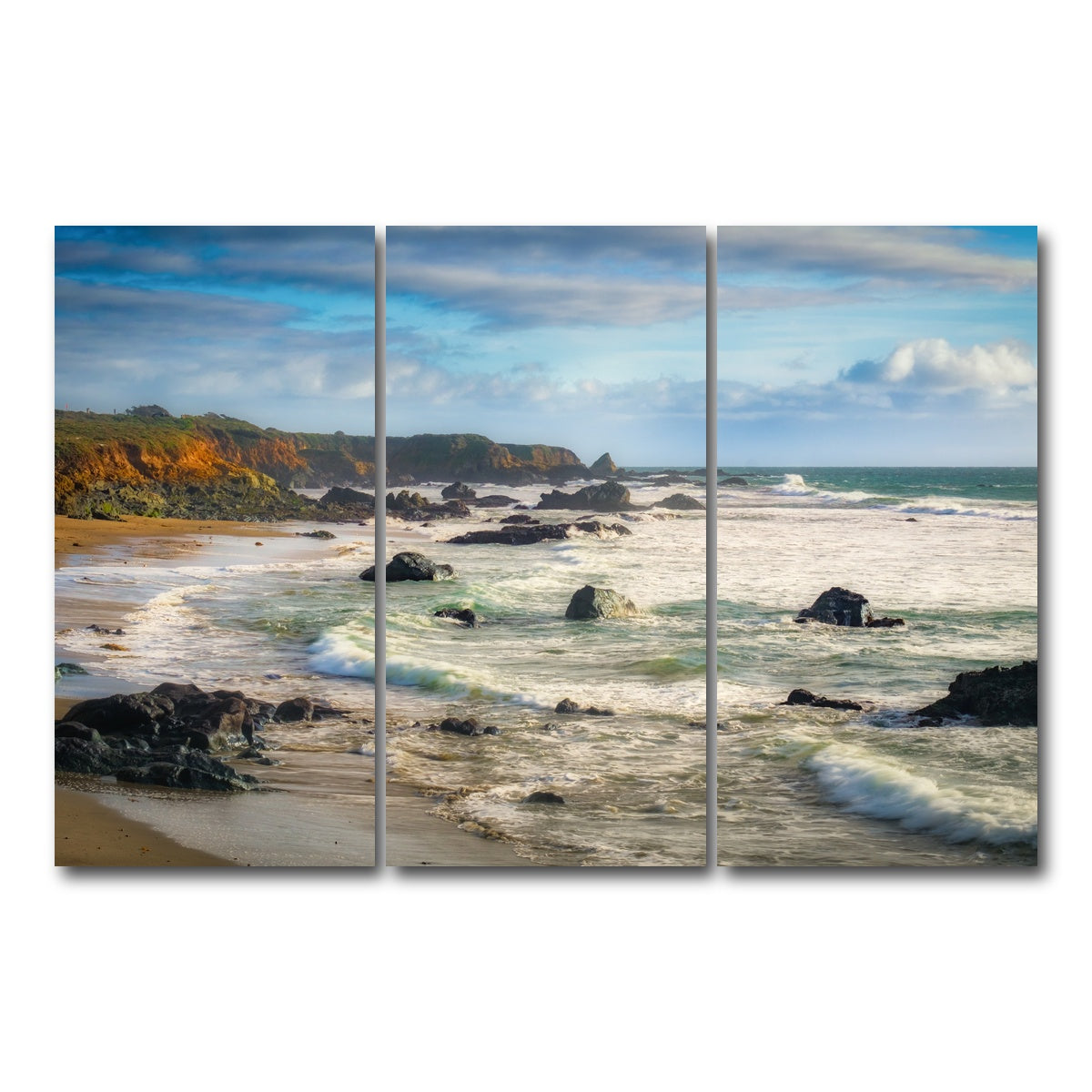 AUTO-MOCKUP WHITE | Cliffs and Rocks on the California Coast | 3 Piece | Gallery Wrap Canvas | group=12x24