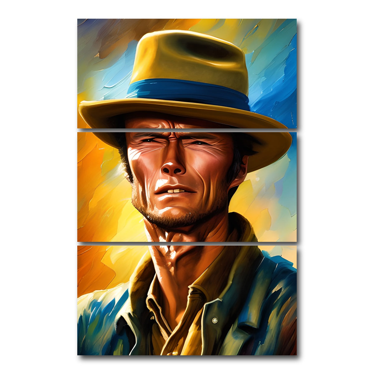 AUTO-MOCKUP WHITE | Clint Eastwood Painting | 3 Piece | Gallery Wrap Canvas | group=12x24_stacked