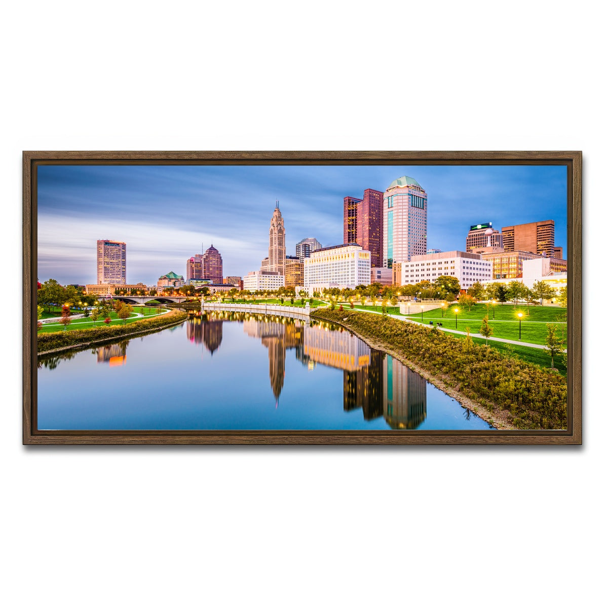 AUTO-MOCKUP WHITE | Columbus Ohio Skyline | 1 Piece | Walnut Framed Canvas | group=2x1
