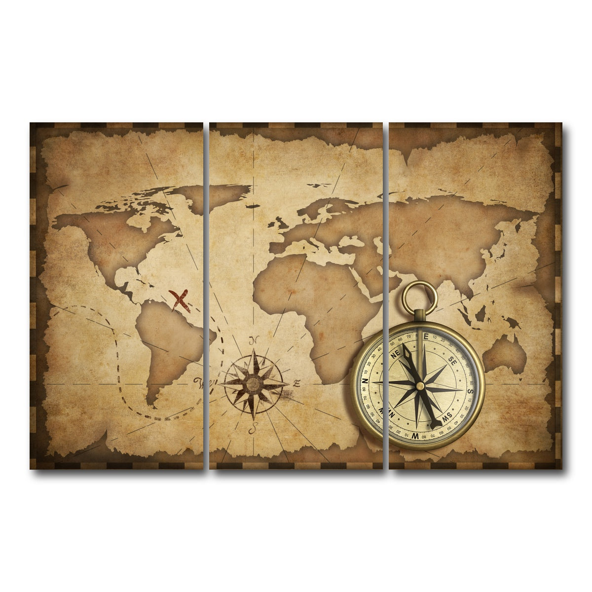AUTO-MOCKUP WHITE | Compass and Map | 3 Piece | Gallery Wrap Canvas | group=12x24