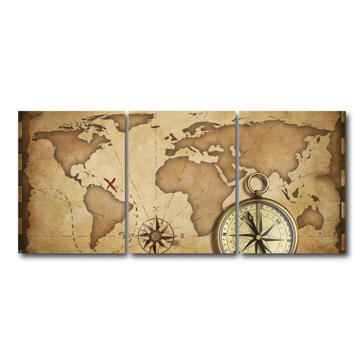 AUTO-MOCKUP WHITE | Compass and Map | 3 Piece | Gallery Wrap Canvas | group=18x24
