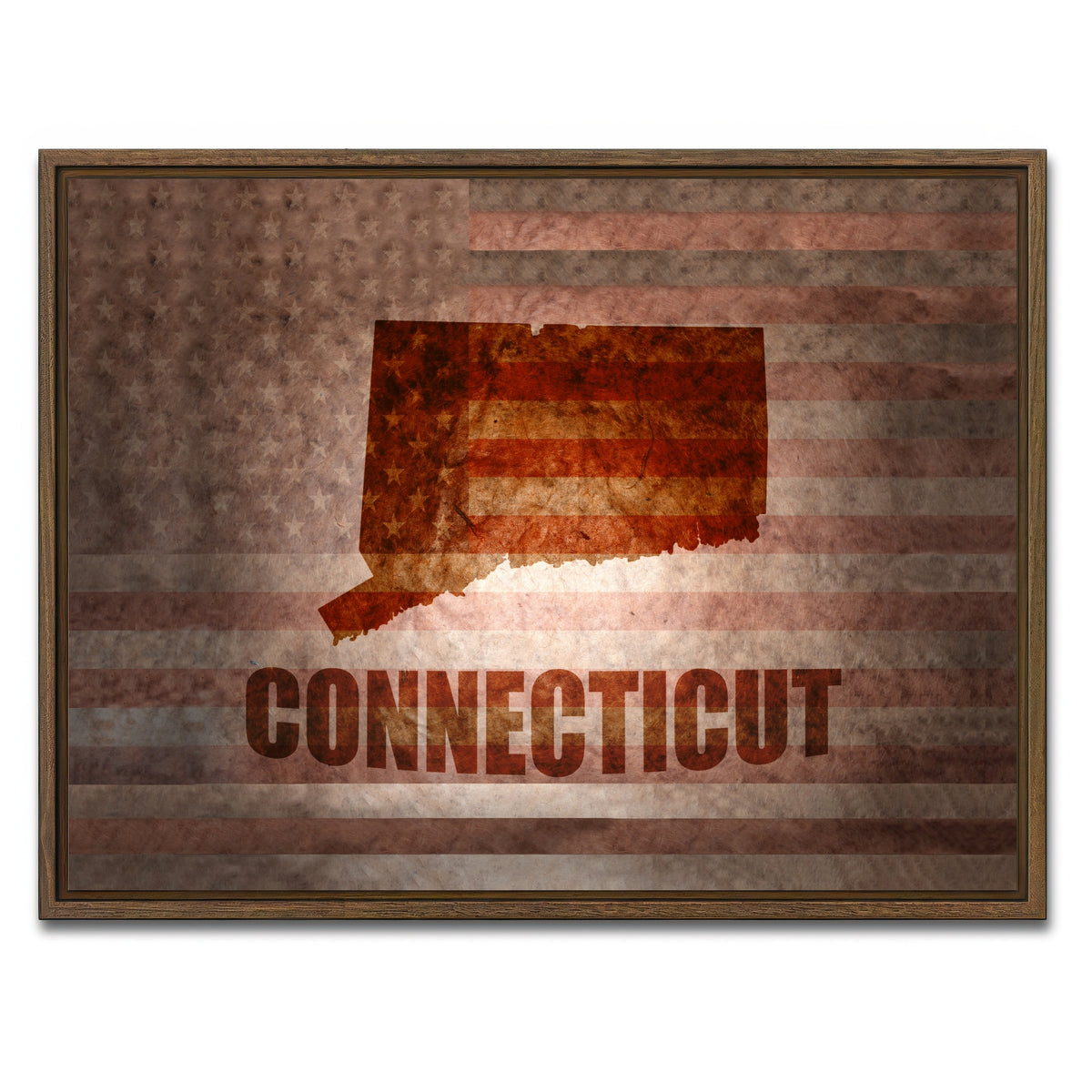 AUTO-MOCKUP WHITE | Connecticut map on American Flag | 1 Piece | Walnut Framed Canvas | group=4x3