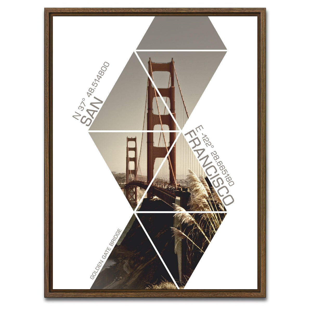 AUTO-MOCKUP WHITE | Coordinates SAN FRANCISCO Golden Gate Bridge | 1 Piece | Walnut Framed Canvas | group=3x4