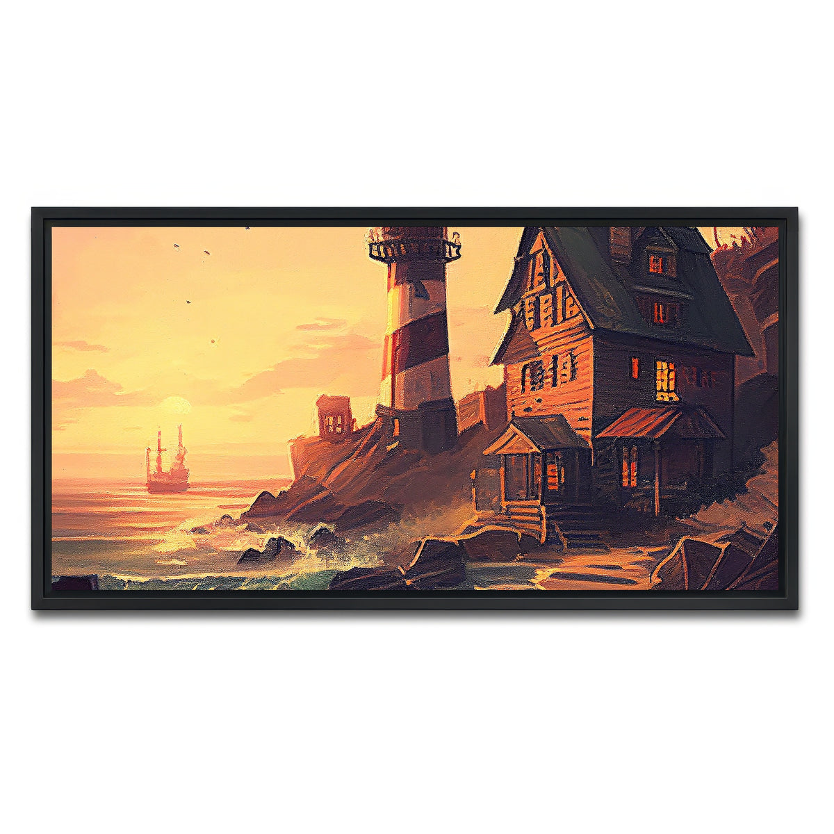 AUTO-MOCKUP WHITE | Cozy Lighthouse Shore | 1 Piece | Black Framed Canvas | group=2x1