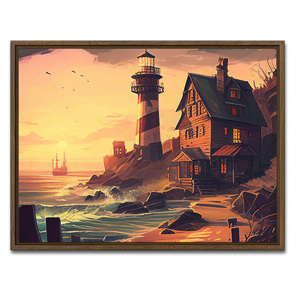 AUTO-MOCKUP WHITE | Cozy Lighthouse Shore | 1 Piece | Walnut Framed Canvas | group=4x3