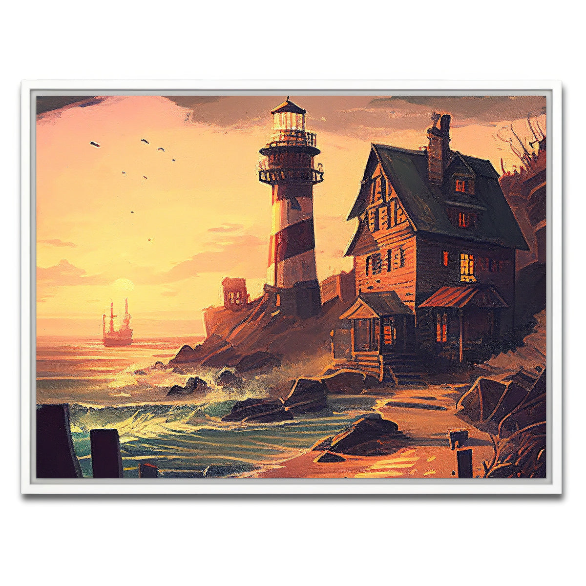 AUTO-MOCKUP WHITE | Cozy Lighthouse Shore | 1 Piece | White Framed Canvas | group=4x3