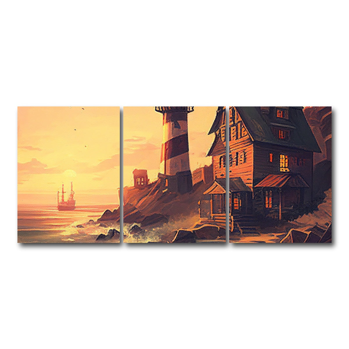 AUTO-MOCKUP WHITE | Cozy Lighthouse Shore | 3 Piece | Gallery Wrap Canvas | group=18x24