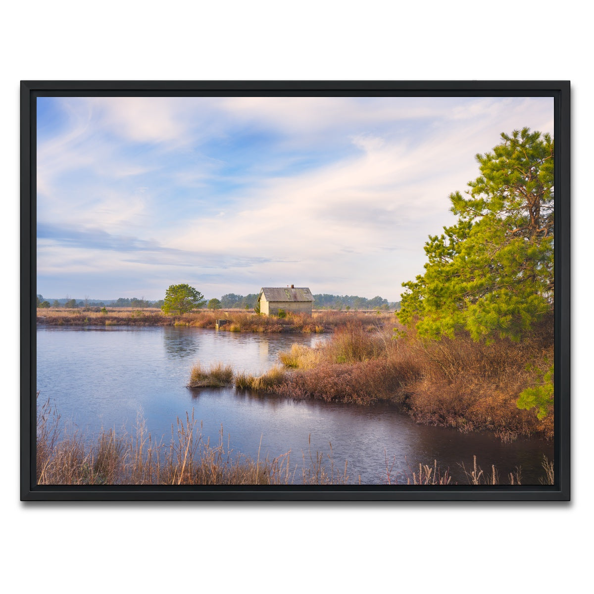 AUTO-MOCKUP WHITE | Cranberry Bog Pumpshack Sunrise | 1 Piece | Black Framed Canvas | group=4x3