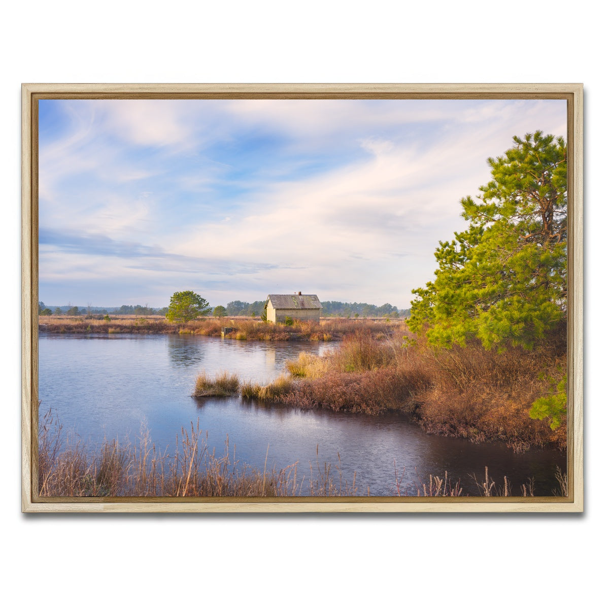 AUTO-MOCKUP WHITE | Cranberry Bog Pumpshack Sunrise | 1 Piece | Natural Framed Canvas | group=4x3