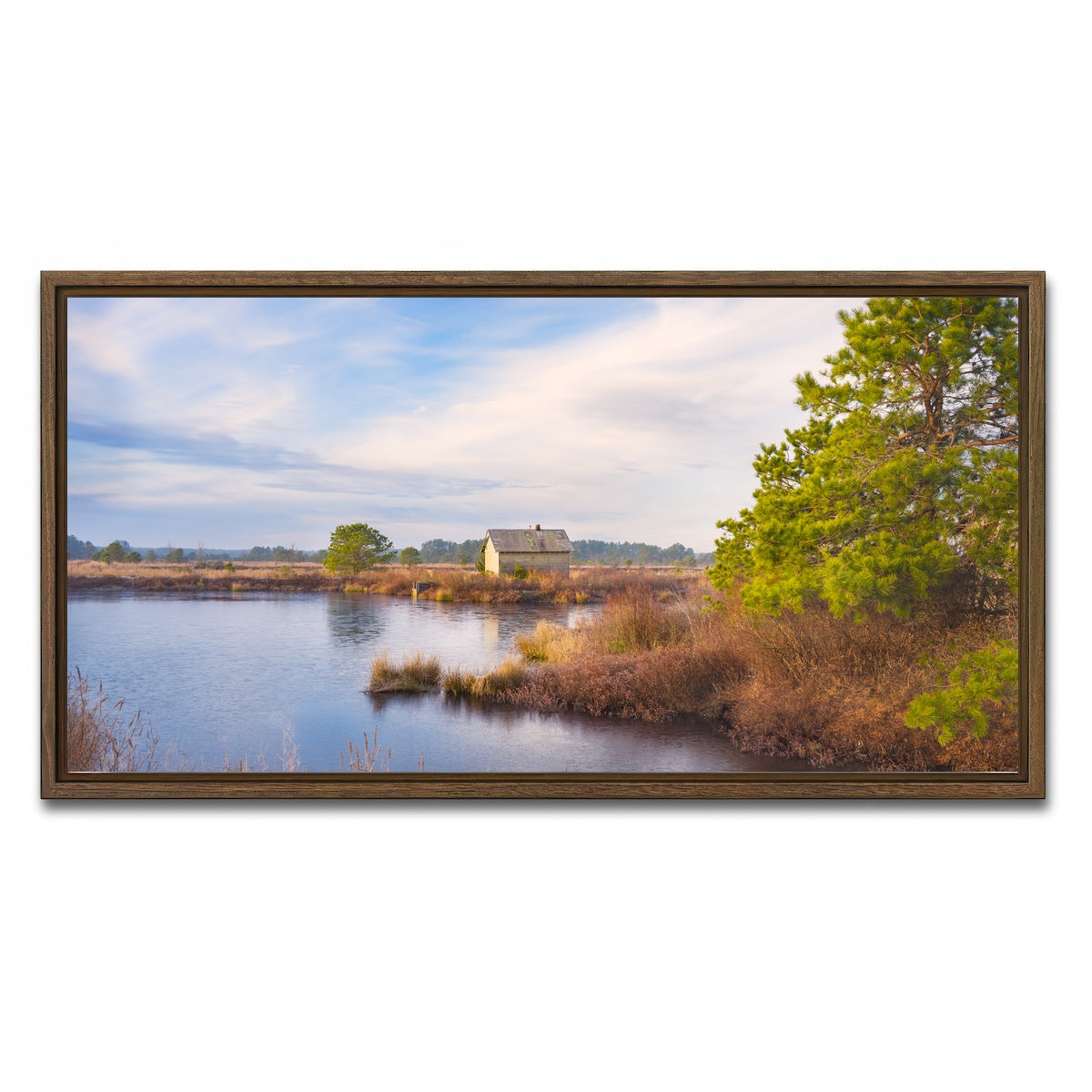 AUTO-MOCKUP WHITE | Cranberry Bog Pumpshack Sunrise | 1 Piece | Walnut Framed Canvas | group=2x1
