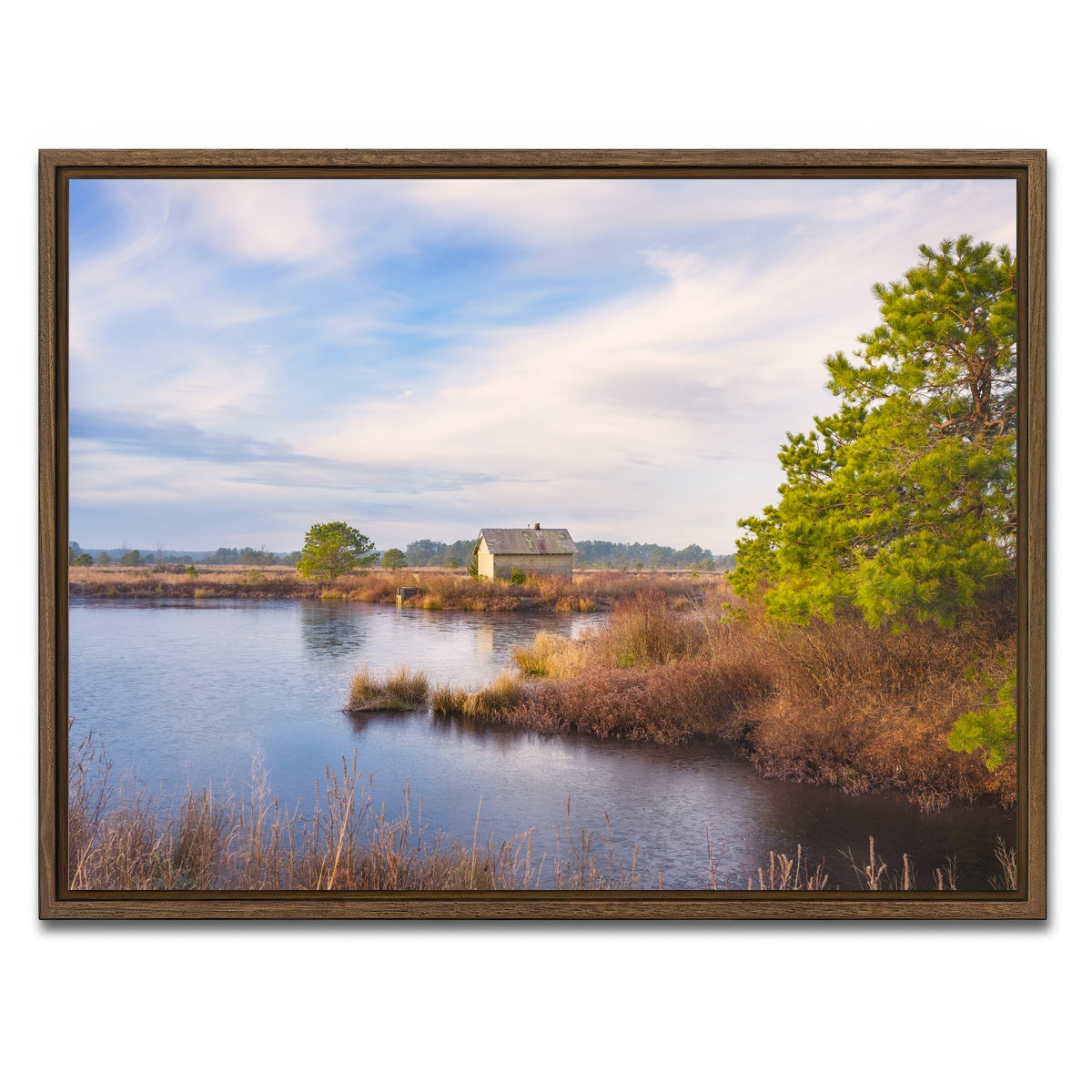 AUTO-MOCKUP WHITE | Cranberry Bog Pumpshack Sunrise | 1 Piece | Walnut Framed Canvas | group=4x3