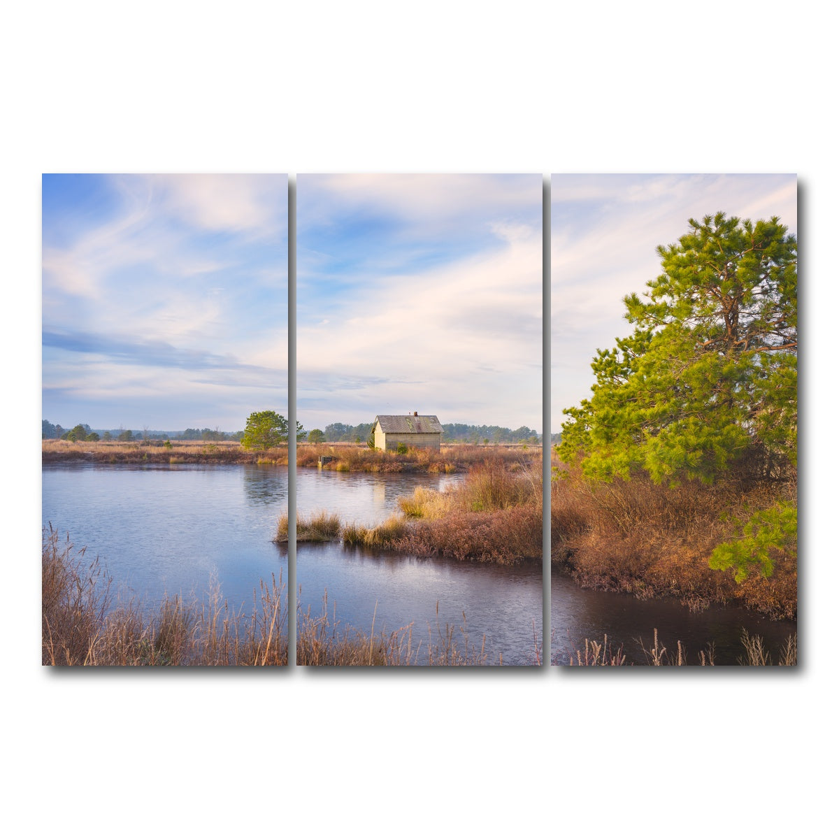 AUTO-MOCKUP WHITE | Cranberry Bog Pumpshack Sunrise | 3 Piece | Gallery Wrap Canvas | group=12x24