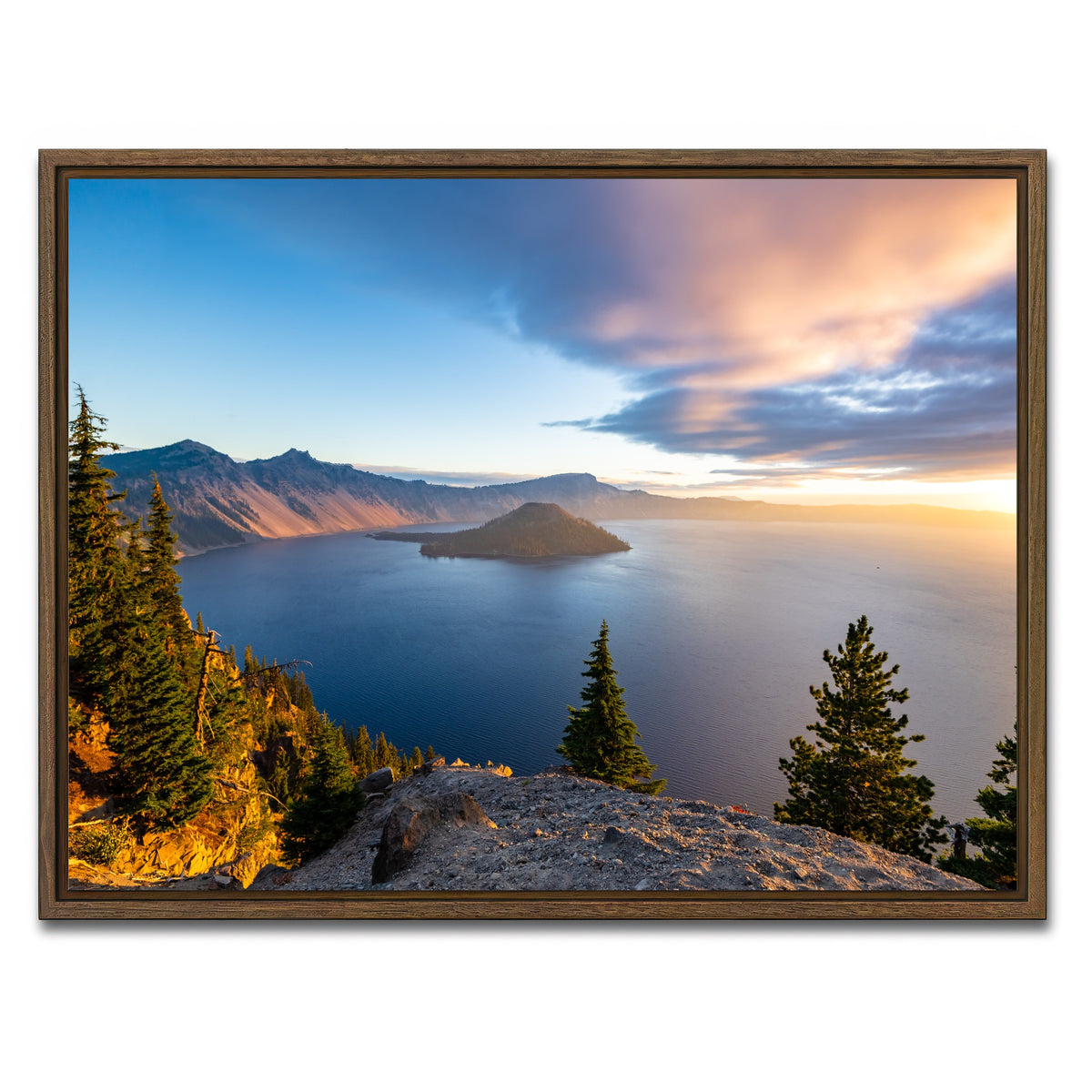 AUTO-MOCKUP WHITE | Crater Lake Sunrise | 1 Piece | Walnut Framed Canvas | group=4x3