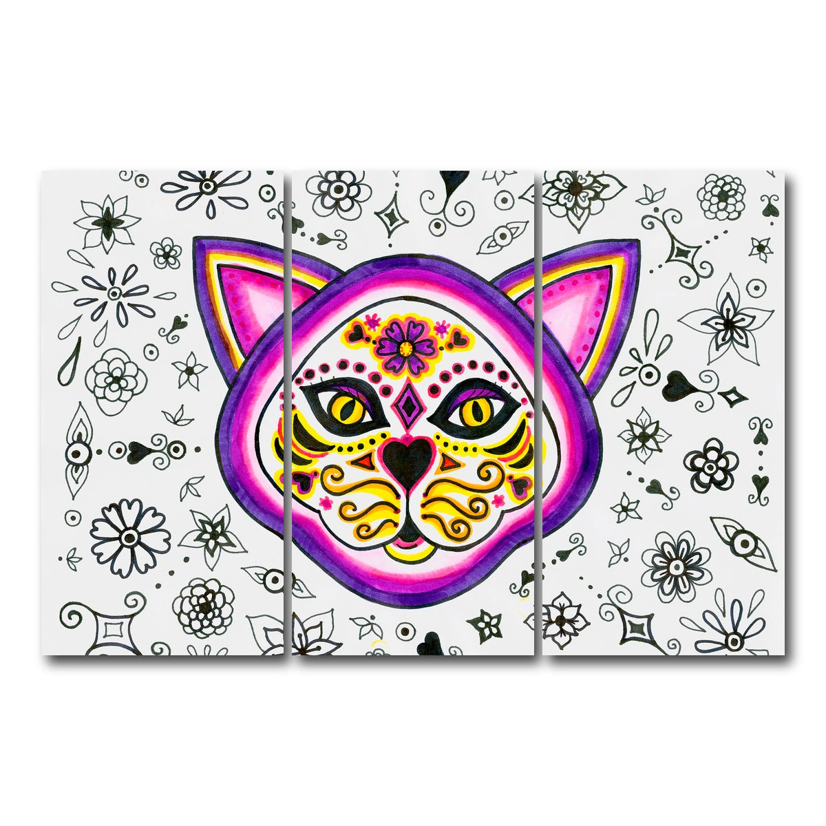 AUTO-MOCKUP WHITE | Day of the Dead Cat Skeleton | 3 Piece | Gallery Wrap Canvas | group=12x24