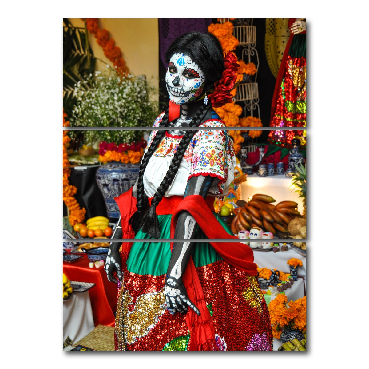 AUTO-MOCKUP WHITE | Dia de los Muertos Woman | 3 Piece | Gallery Wrap Canvas | group=8x18_stacked