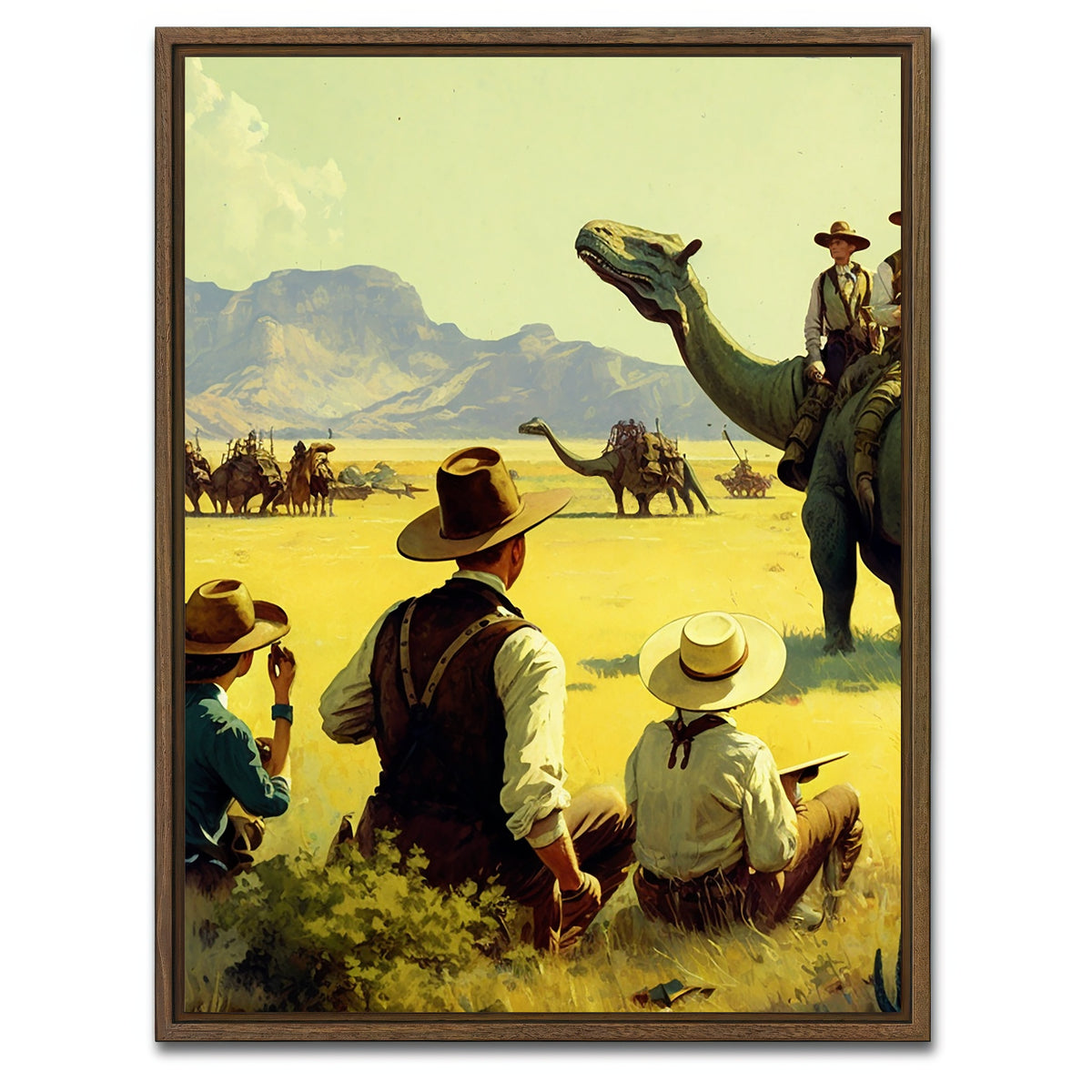 AUTO-MOCKUP WHITE | Dino Rodeo - Explorers of the Wild West | 1 Piece | Walnut Framed Canvas | group=3x4