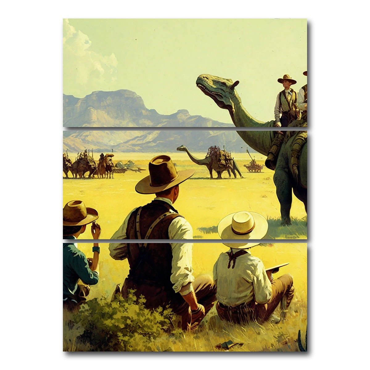 AUTO-MOCKUP WHITE | Dino Rodeo - Explorers of the Wild West | 3 Piece | Gallery Wrap Canvas | group=8x18_stacked
