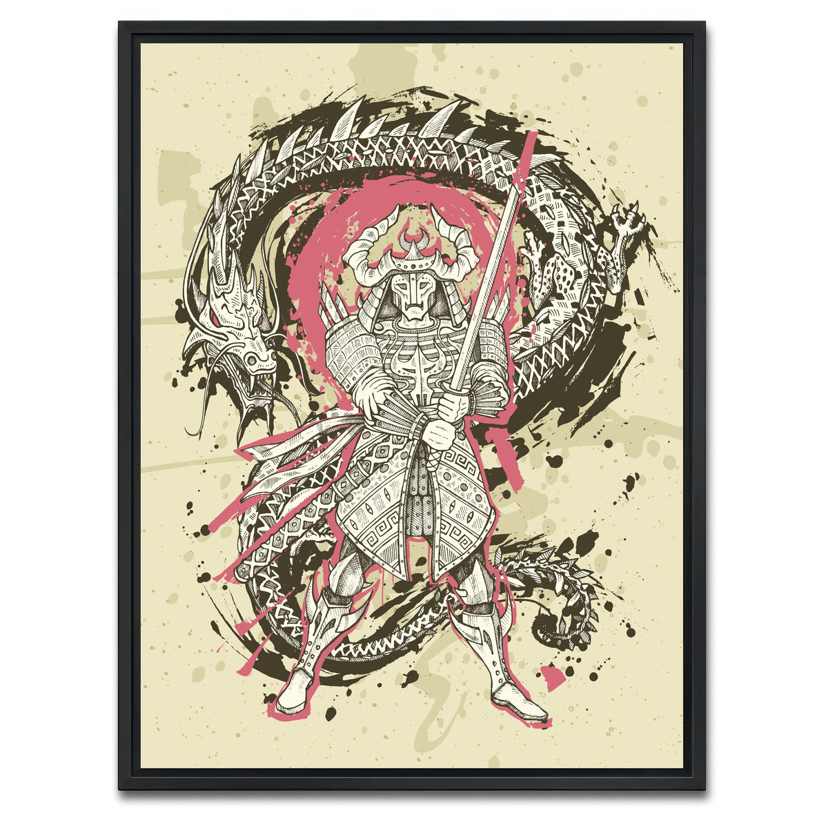 AUTO-MOCKUP WHITE | Dragon & samurai battle | 1 Piece | Black Framed Canvas | group=3x4