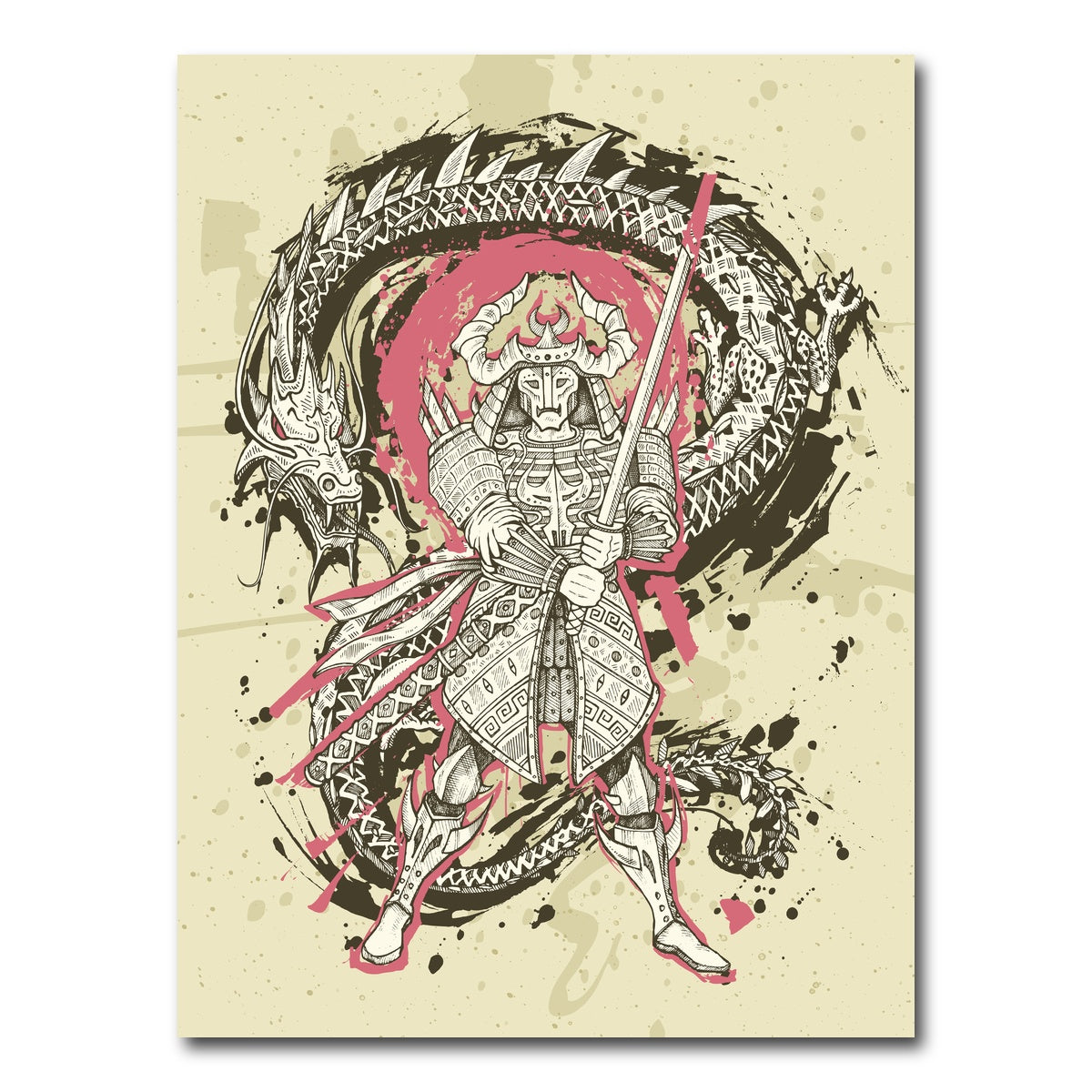 AUTO-MOCKUP WHITE | Dragon & samurai battle | 1 Piece | Gallery Wrap Canvas | group=3x4