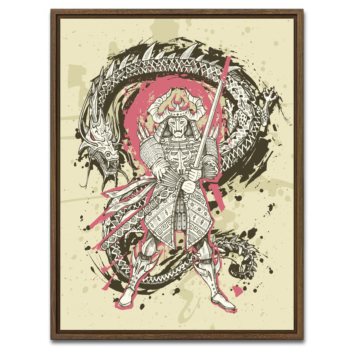 AUTO-MOCKUP WHITE | Dragon & samurai battle | 1 Piece | Walnut Framed Canvas | group=3x4