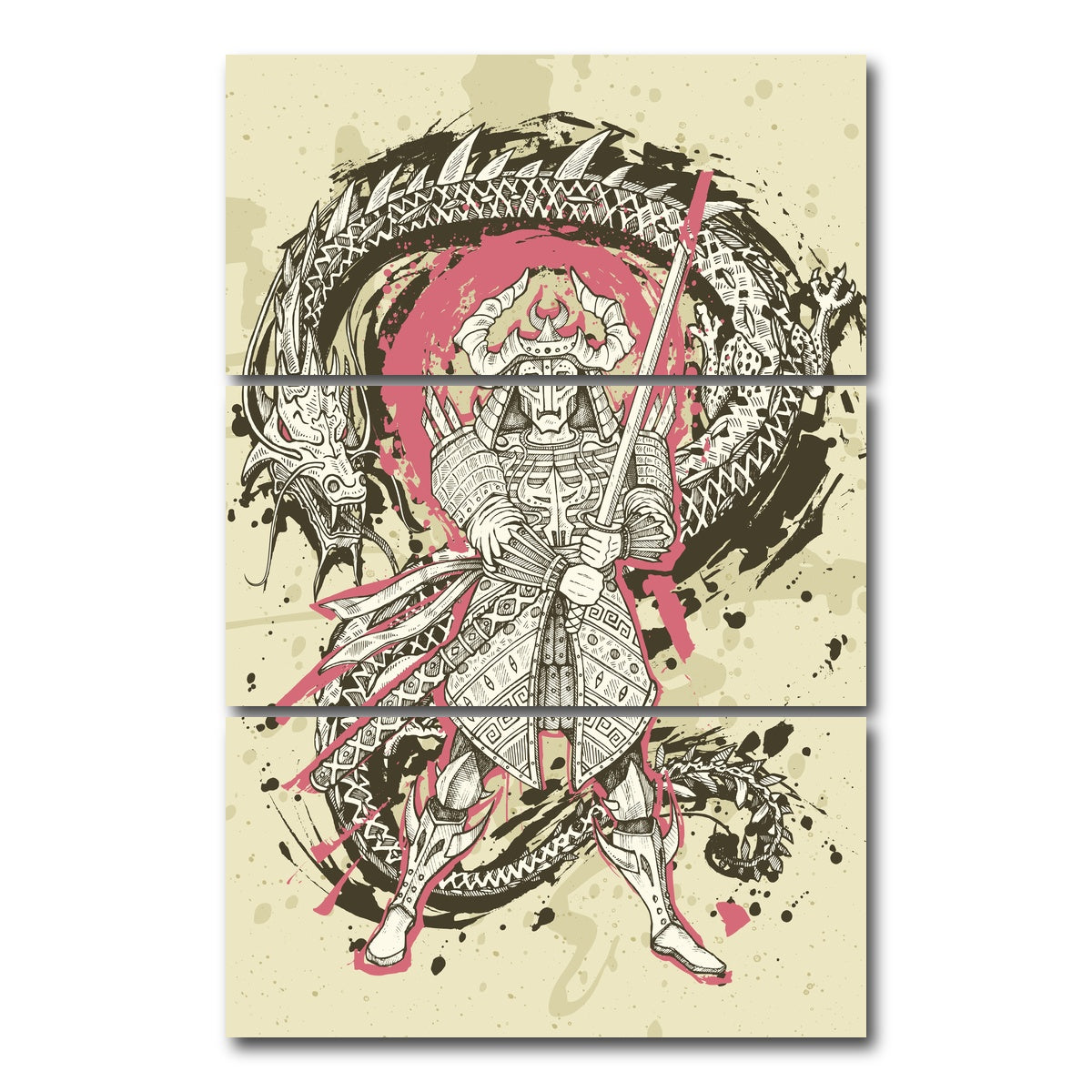 AUTO-MOCKUP WHITE | Dragon & samurai battle | 3 Piece | Gallery Wrap Canvas | group=12x24_stacked