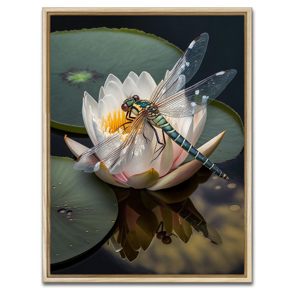 AUTO-MOCKUP WHITE | Dragonfly Resting on a Water Lily | 1 Piece | Natural Framed Canvas | group=3x4