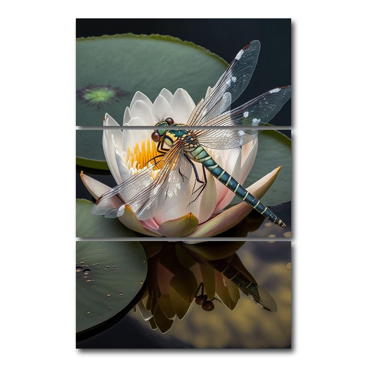 AUTO-MOCKUP WHITE | Dragonfly Resting on a Water Lily | 3 Piece | Gallery Wrap Canvas | group=12x24_stacked
