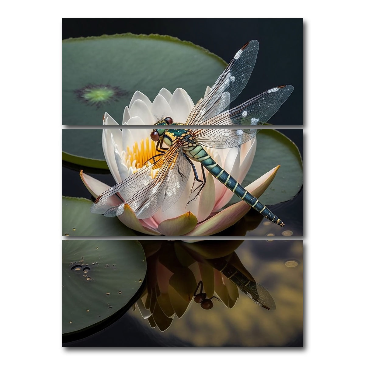 AUTO-MOCKUP WHITE | Dragonfly Resting on a Water Lily | 3 Piece | Gallery Wrap Canvas | group=8x18_stacked