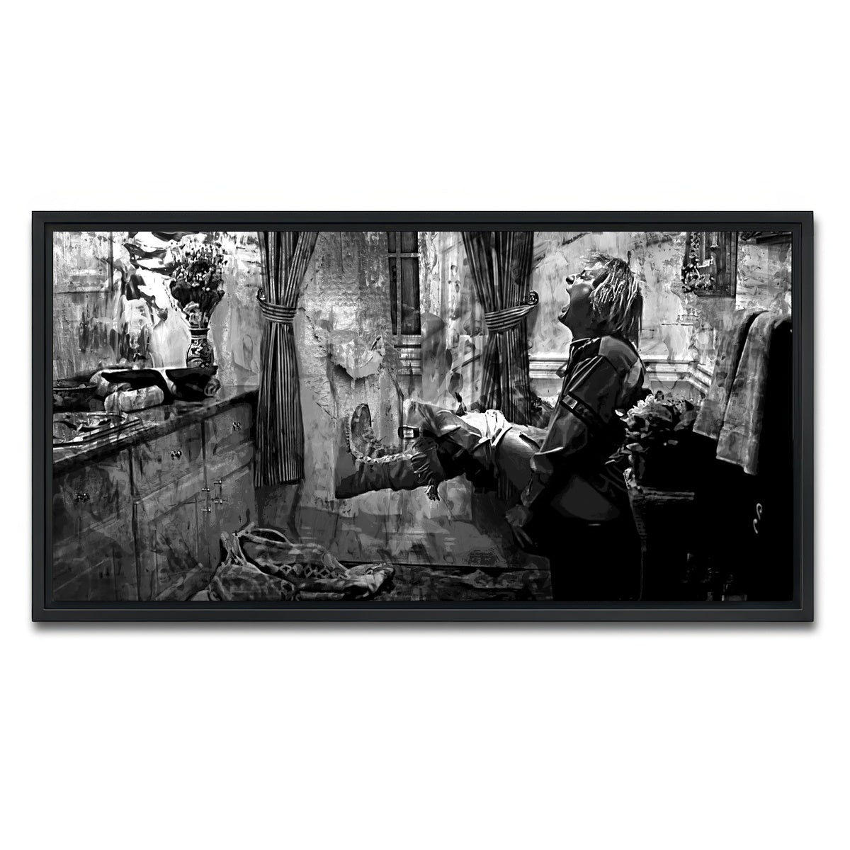 AUTO-MOCKUP WHITE | Dumb & Dumber Bathroom Decor Grayscale | 1 Piece | Black Framed Canvas | group=2x1